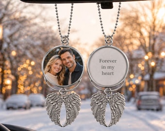 Colgante para coche con foto personalizada y alas de ángel: regalo conmemorativo personalizado, adorno fotográfico, colgante para el espejo retrovisor del coche, recuerdo de condolencias.