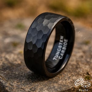 Black Hammered Tungsten Ring – 6mm & 8mm Men’s Wedding Band, Matte Brushed Tungsten Carbide, Durable Comfort Fit Ring, Gift For Husband Ring