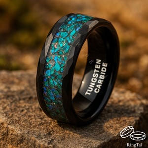 Tungsten Hammered Galaxy Opal Ring 8mm – Black Tungsten Carbide Men’s Band with Blue Fire Opal Inlay, Unique Cosmic Wedding Ring