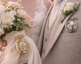 Personlig minnesnål med foto för brudgummen – Anpassad brudboutonniere-berlock, minnesnål med foto, gåva till fars minne