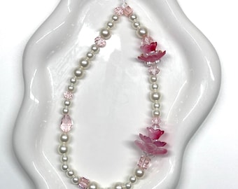 Lotus Floral Beaded Phone Charm: Red Handmade Keychain Strap