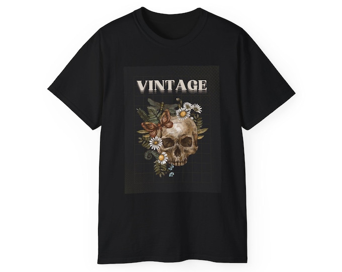 Vintage Skull Floral Tee - Unisex Cotton Shirt, Grunge Style Shirt, Gift for Him, Gift for Her, Casual Everyday Wear