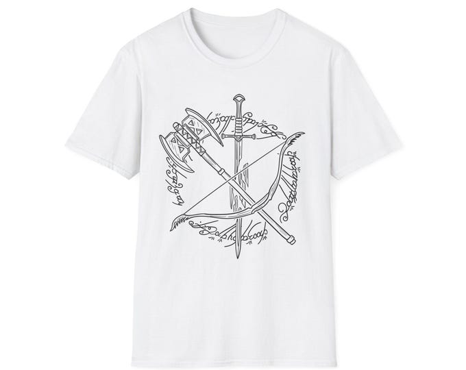 Lord of the Rings: Unisex Softstyle T-Shirt with Sword and Bow and Axe Design, Perfect for Fans of Fantasy, Gift for Gamers, Casual Wear