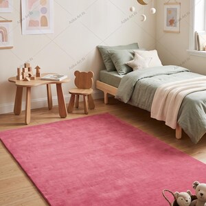 Hand Tufted New Zealand Wool Solid Raspberry Pink Area Rug Soft Plush Minimalist Carpet Modern Living Room Bedroom Luxury Plain Magenta