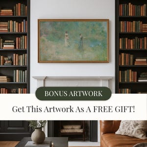 May include: An antique-style framed artwork featuring two figures in a field, with a soft, impressionistic style. The artwork is displayed above a fireplace, flanked by bookshelves filled with vintage books. Text on the image reads "BONUS ARTWORK" and "Get This Artwork As A FREE GIFT!"
