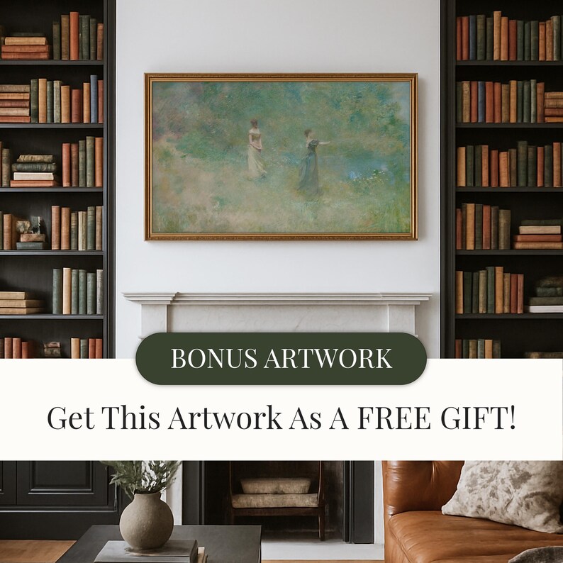 May include: An antique-style framed artwork featuring two figures in a field, with a soft, impressionistic style. The artwork is displayed above a fireplace, flanked by bookshelves filled with vintage books. Text on the image reads "BONUS ARTWORK" and "Get This Artwork As A FREE GIFT!"