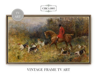 Vintage Frame TV Art Victorian Painting Red Coat Riding Horse With Dogs Art For TV Digital Download