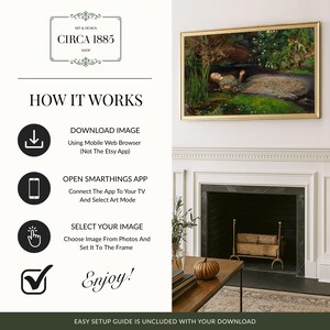 May include: A framed artwork with a gold border hangs above a fireplace. The artwork depicts a person in a pond surrounded by greenery. The image also includes instructions on how to download and set up the artwork, with the text "CIRCA 1885 SHOP" at the top.