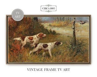 Pointing Dogs Frame TV Art | Rustic Vintage Painting | TV Art Dogs Chasing Pheasant | Antique Artwork For Frame TV | Cabin Art