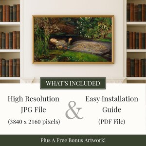 May include: A framed artwork with a gold border depicts a woman in a pond surrounded by greenery. The image includes text: "WHAT'S INCLUDED", "High Resolution JPG File (3840 x 2160 pixels)", "Easy Installation Guide (PDF File)", and "Plus A Free Bonus Artwork!"