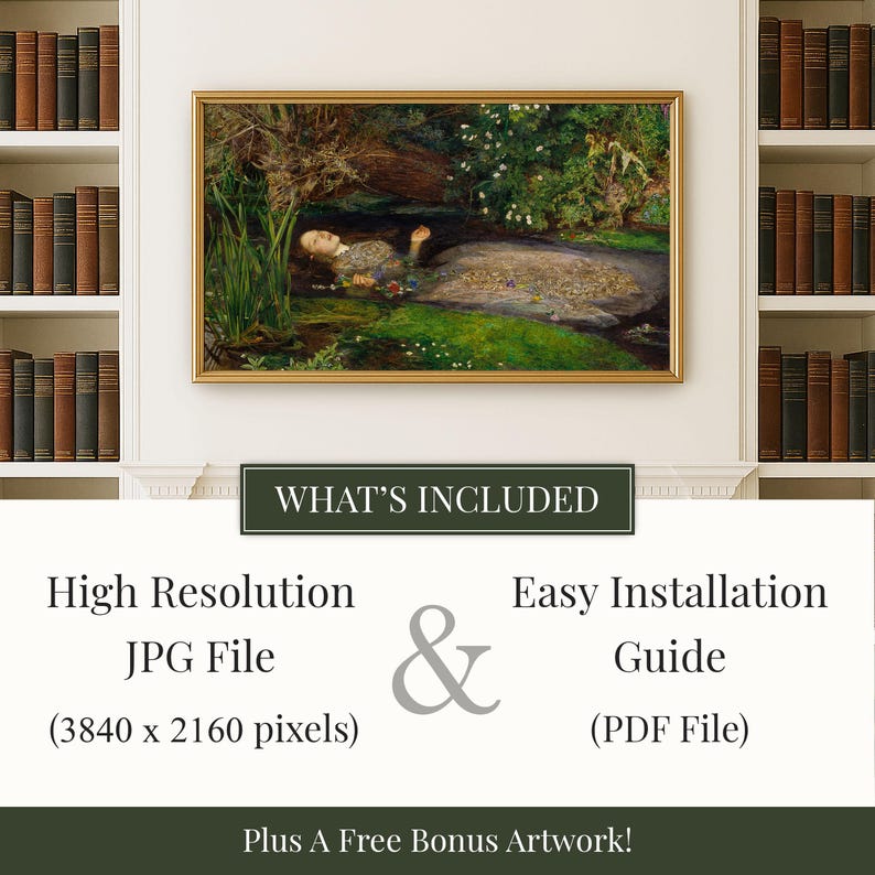 May include: A framed artwork with a gold border depicts a woman in a pond surrounded by greenery. The image includes text: "WHAT'S INCLUDED", "High Resolution JPG File (3840 x 2160 pixels)", "Easy Installation Guide (PDF File)", and "Plus A Free Bonus Artwork!"