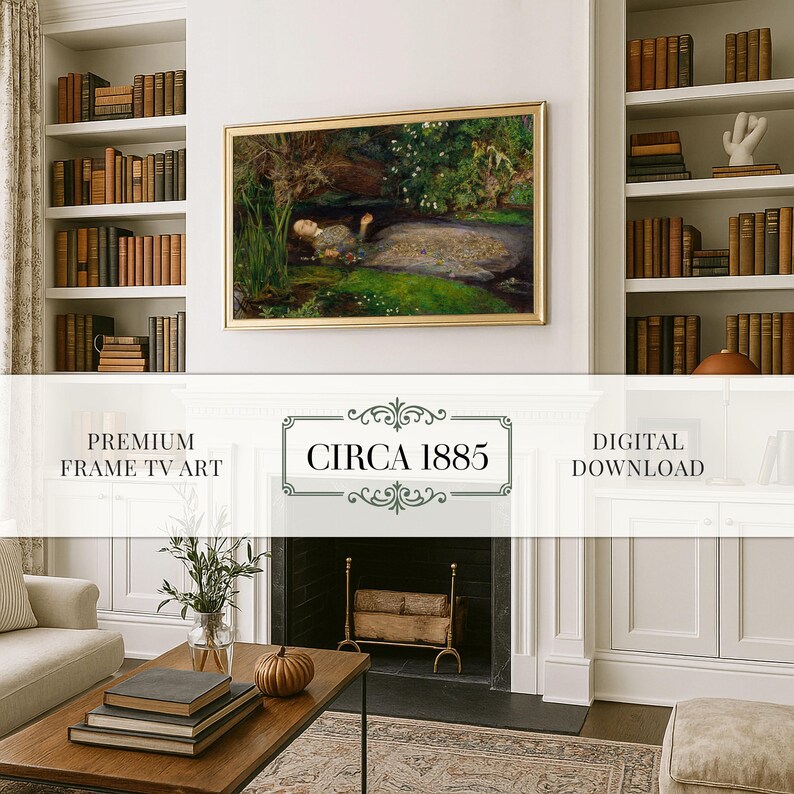May include: A framed artwork with a gold border hangs above a fireplace. The painting depicts a person in a pond surrounded by greenery. The text "CIRCA 1885" is displayed below the artwork. Bookshelves flank the artwork, filled with antique books.