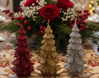 Tree Candle Set, Red Gold Silver, Holiday Decor