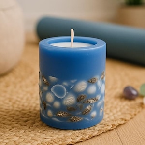 Seashell Candle: Handmade Blue Pillar Candle - Nautical Home Decor