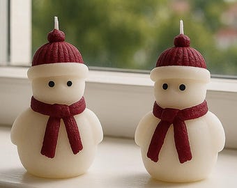 Pode incluir: Duas velas em forma de boneco de neve com chapéus e cachecóis bordô. As velas são brancas com olhos de pontos pretos e estão em uma janela branca. O fundo é uma vista desfocada de árvores verdes e céu azul.