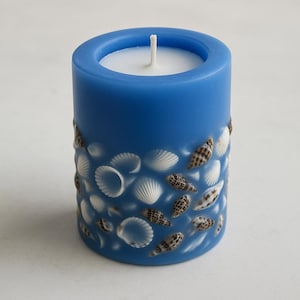 Seashell Candle: Handmade Blue Pillar Candle - Nautical Home Decor