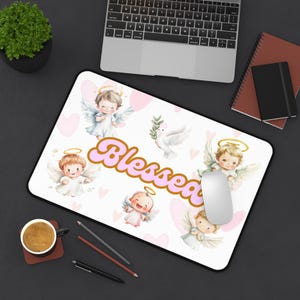 Desk Mat/ Mouse Pad - Blessed Angel – Cute Pastel Cherub Mouse Pad for Kids, Sweet Heaven-Inspired Desk Decor, Christian Girl Gift