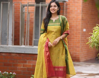 Kanchi Cotton Kurta Set with Zari Dupatta | Mustard Suit for Women | Hair Bow & Pearl Necklace Included | Festive Ethnic Gift Set