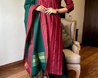 Handloom South Cotton Kurta Pant Dupatta Set | Golden Thread Self Weaving | Ethnic Indian Suit | Women’s Festive Wear | Gift Outfit