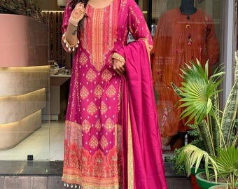 Reshmi Pink Pakistani Salwar Suit Set | Diamond Silk Kurta, Cotton Pant & Dupatta