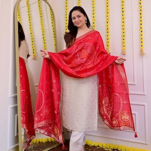Banarasi Silk Dupatta Festive Suit | Elegant Indian Salwar Kameez Set | Wedding Guest Outfit for Women