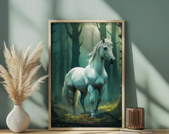 White Horse in Mystical Forest Print: Fantasy Wall Art (Digital Download)