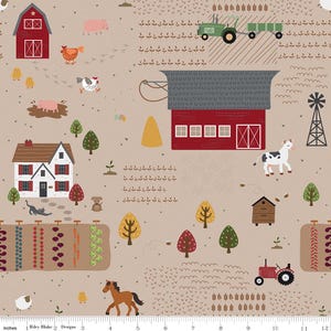 Country Life Main Wheat Cotton Fabric by Riley Blake Designs (sold by the 1/2 Yard) | Horses | Chickens | Farm Fabric | Red Barn | Pig |