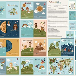 May include: A colourful illustrated fabric panel featuring various scenes depicting nature, animals, and the world. The panel is divided into 9 squares, each with a different theme. The themes include peace and rest, day and night, water and land, animals and mankind, fish in the water, sun, moon and stars, plants, trees and grasses, birds in the sky, and a world map. The panel is titled "Created with Love".