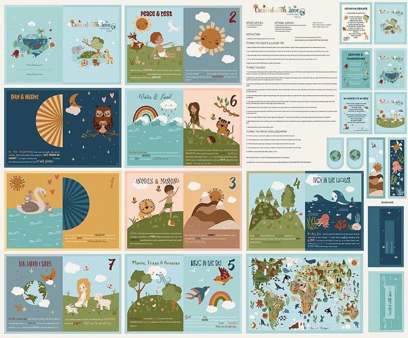 May include: A colourful illustrated fabric panel featuring various scenes depicting nature, animals, and the world. The panel is divided into 9 squares, each with a different theme. The themes include peace and rest, day and night, water and land, animals and mankind, fish in the water, sun, moon and stars, plants, trees and grasses, birds in the sky, and a world map. The panel is titled "Created with Love".