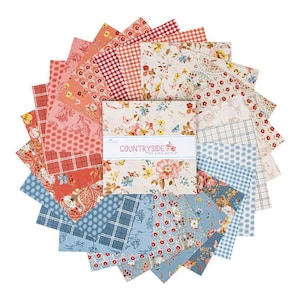 May include: A pack of 42 5-inch fabric squares featuring a variety of floral and geometric patterns in shades of blue, red, and white. The fabric squares are arranged in a fan shape and labeled "Countryside by Lisa Audit".