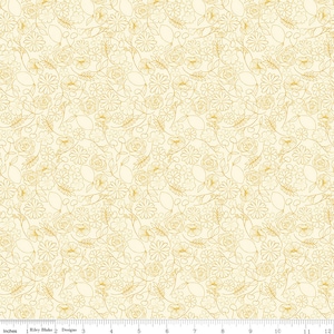 May include: A seamless pattern featuring a white background with a repeating design of lemons and flowers in a gold outline.