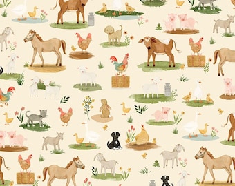 Lil' Farm Friends Animals on the Farm Cream Cotton Fabric by Riley Blake Designs (sold by the 1/2 Yard) | Chickens | Horse | Pig | C17941