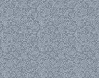 May include: A seamless fabric pattern featuring a repeating design of light blue floral sprigs on a dark blue background.