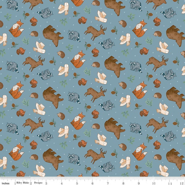 Riley Blake Designs Flannel Camp Woodland Animals Denim Fabric (sold by the Half Yard) | Baby Boy Rag Quilt Flannel | Woodland Animal Fabric