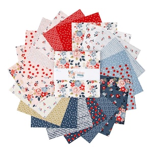 May include: A set of 12 fabric squares with various floral and geometric patterns in shades of red, blue, and white. The fabric squares are arranged in a circle with a larger square in the center that reads "Vintage Charm The Market".