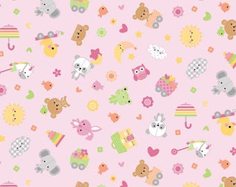Flannel Bundle of Joy Toss Pink (sold by the Half Yard) | Baby Toys | Hearts | Moon | Flowers | Flannel Fabric | F16780 | Cute Baby | Horse