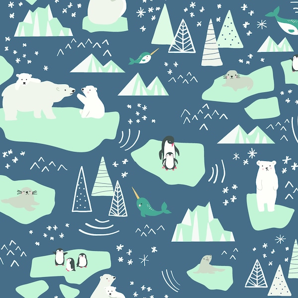 Riley Blake Designs Nice Ice Baby Main Navy Cotton Fabric (sold by the 1/2 Yard) | C11600 | Baby Boy | Narwhal | Polar Bear | Penguin | Fun