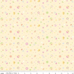 May include: A yellow background with a repeating pattern of baby-themed icons. The icons include pacifiers, rattles, baby bottles, flowers, and hearts. The icons are in various colors, including pink, blue, green, and yellow.