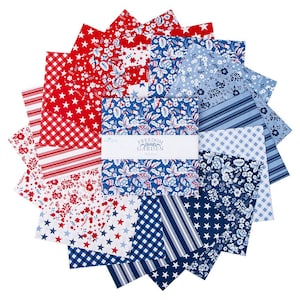 May include: A collection of fabric squares in red, white, and blue patterns. Designs include stars, stripes, floral, and gingham. The fabric is arranged in a circular pattern, with a label that reads "Freedom Garden".