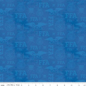 May include: Blue fabric with a repeating pattern of the letters "FFA", eagles, and circular emblems. The design has a distressed, textured appearance. The fabric is suitable for various crafting projects.