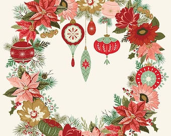 Riley Blake Designs Glisten Panel | 35.5" x 43" Panel | Christmas Wreath Fabric Panel | Winter Holiday Quilt Panel | Ornaments | Poinsettias