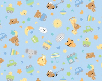 Flannel Special Delivery Toss Blue (sold by the Half Yard) | Baby Toys | Trucks | Bear | Duck | Flannel Fabric | F16783 | Cute Baby | Horse