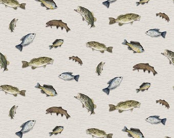 Riley Blake Wake at the Lake Fish Toss Tan Cotton Fabric (sold by the 1/2 Yard) | Fish Fabric | C14891 | Trout | Bluegill | Bass | Crappie