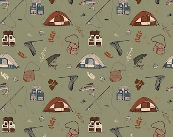Riley Blake Designs Flannel Let's Wander Gone Fishing Sage (sold by the Half Yard) | Baby Boy Rag Quilt Flannel | F17504 | Camping | Fishing