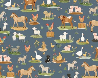 Lil' Farm Friends Animals on the Farm Cream Cotton Fabric by Riley Blake Designs (sold by the 1/2 Yard) | Chickens | Horse | Pig | C17941