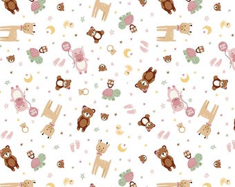 Riley Blake Designs Baby Girl Animals White (sold by the Half Yard) | Baby Girl Fabric | Little Girl | C16771 | Lori Whitlock | Baby Animals