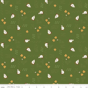 May include: A green fabric with a repeating pattern of white chickens. The chickens are in various poses, some are facing left, some are facing right, and some are looking down. The background is a solid green color.
