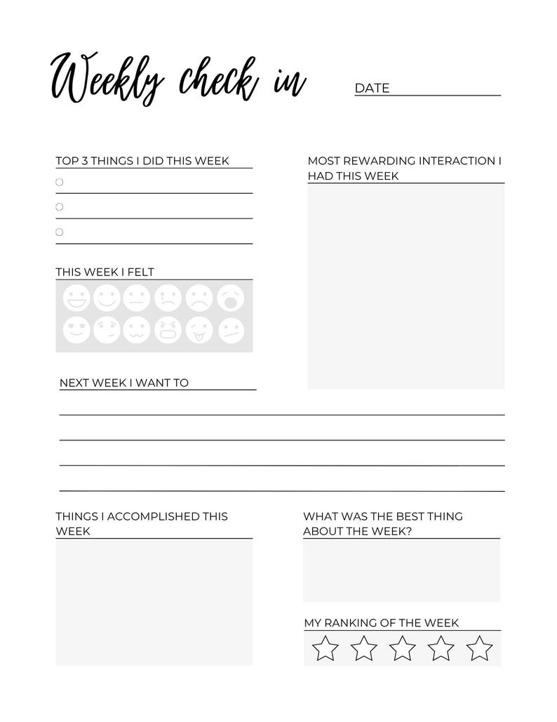 Self Check In Journal Weekly Check-in Journal Page – Printable PDF | Self-reflection Template ...