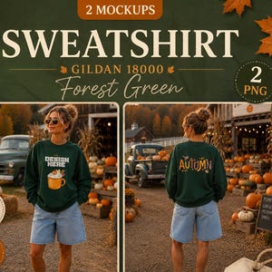May include: A forest green sweatshirt mockup featuring a front graphic of a coffee mug with the text "DESIGN HERE" and a back graphic with the text "AUTUMN" surrounded by leaves. The sweatshirt is shown on a person wearing denim shorts.