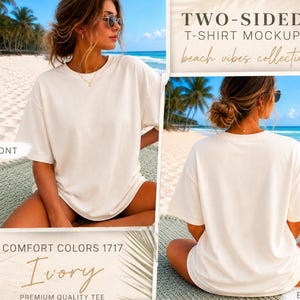 Comfort Colors 1717 Ivory Two-Sided T-Shirt Mockup Bundle | Beach Lifestyle Shirt Mockup | Front & Back Views | Etsy Mockup PNG